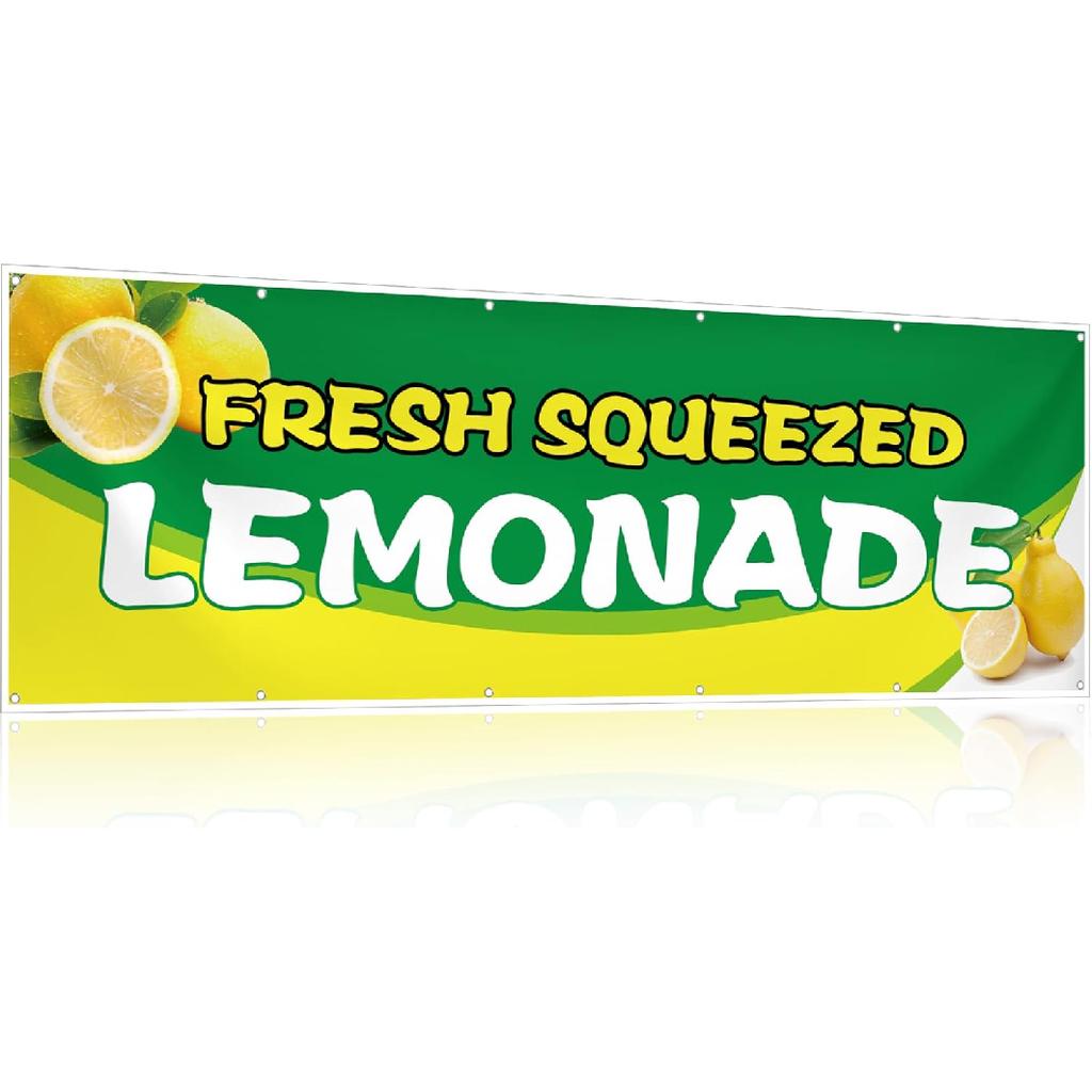 2 x 10 ft Lemonade Sign Vinyl Banner Fresh Squeezed Lemonade Stand Supplies Lemon Flag for Indoor Outdoor Business Restaurant Advertising Banner