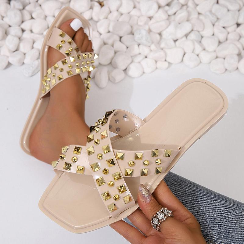 2024 Новый летний стиль Удобные заклепки Антискользящие модные износостойкие повседневные сексуальные женские тапочки с открытым носком Fish Mouth