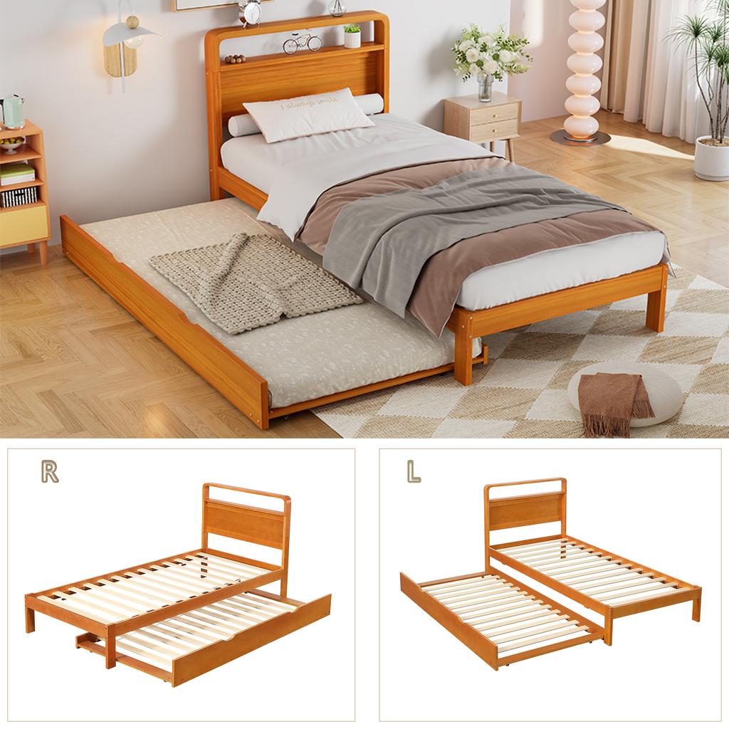 Wooden Bed 90x200 cm with Pull-Out Bed 90x190 cm, Functional Bed with Left/Right Mountable Guest Bed, Rounded Headboard and Space-Saving Design