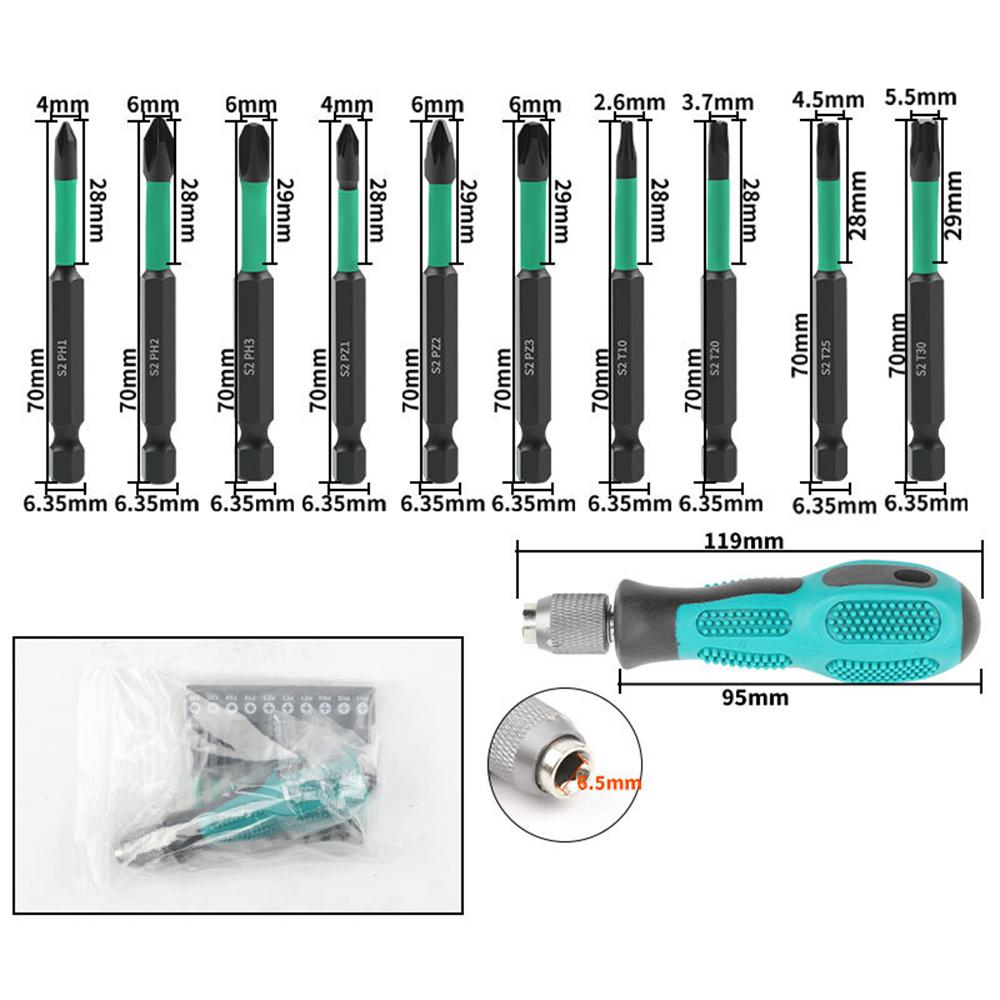 11Pcs/Set Magnetic Hex Shank Electric Drill Bits S2 Alloy Steel Phillips Pozidriv Torx Bits with Screwdriver Handle
