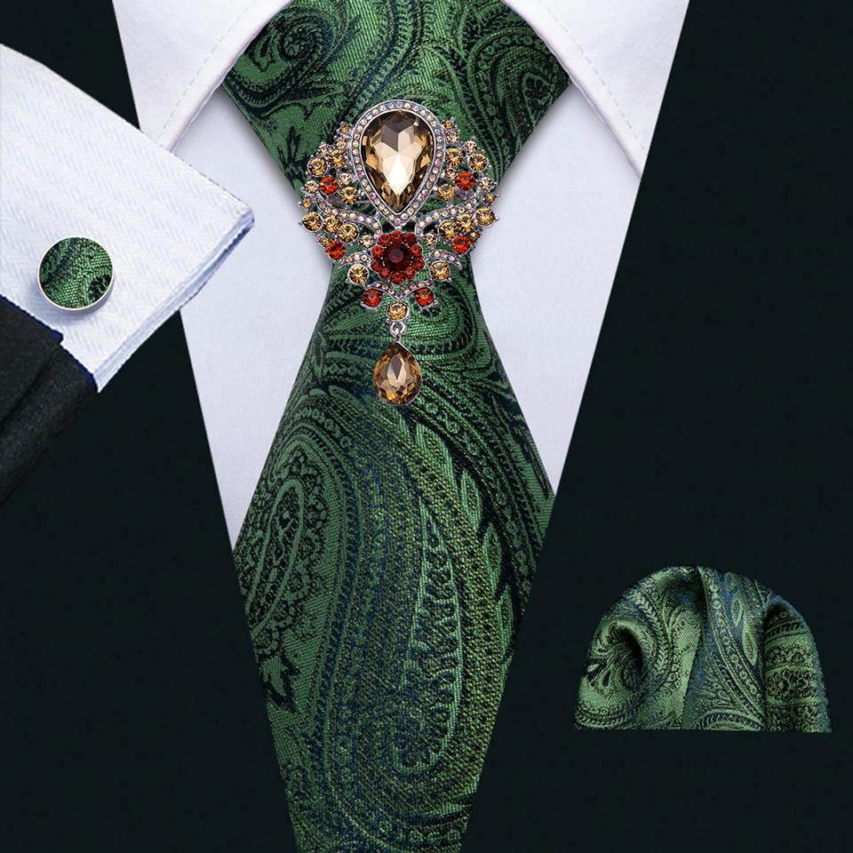 Barry.Wang Paisley Tie with Brooch for Men Wedding Formal Silk Necktie Hanky Cufflink Set
