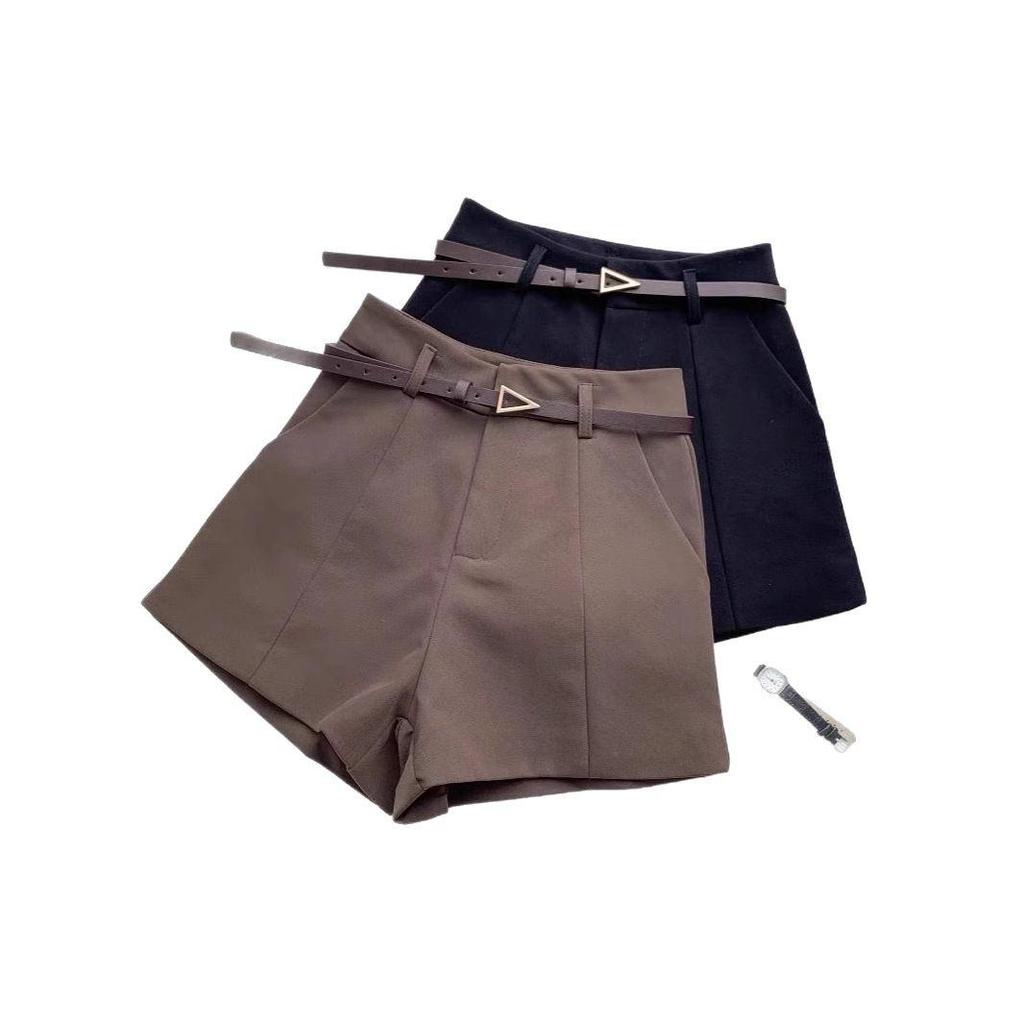 Женские абрикосовые шорты-костюм А-силуэта с широкими штанинами и поясом на весну 2025 года - Универсальная и стройнящая повседневная верхняя одежда