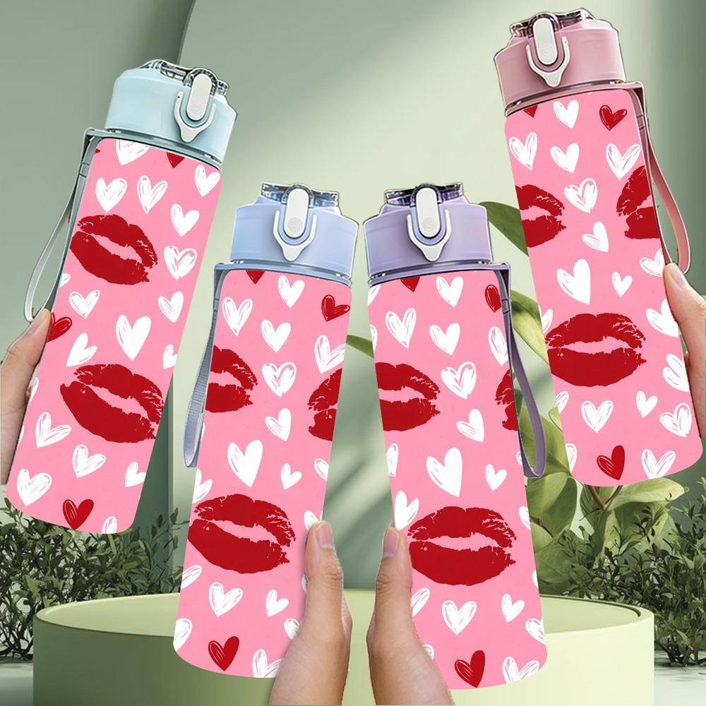 1PC Red Lip Kiss Love Heart Pattern Print 750ml Color Plastic Sports Water Bottle Leakproof Flip Straw Lid Suitable for Sports Office Home Use