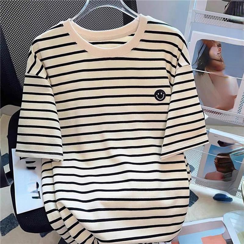 Harajuku Graphic Embroidery Short Sleeve T Shirt 2024 Summer Fashion Stripe T-shirt Casual Loose Women Clothing Young Girls White Y2k Tops Streetwear