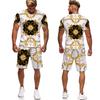 Luxury Gold Flower Print Men's T-shirt+shorts Two-piece Summer Casual Round Neck Sportswear Loose Breathable Men's Wear