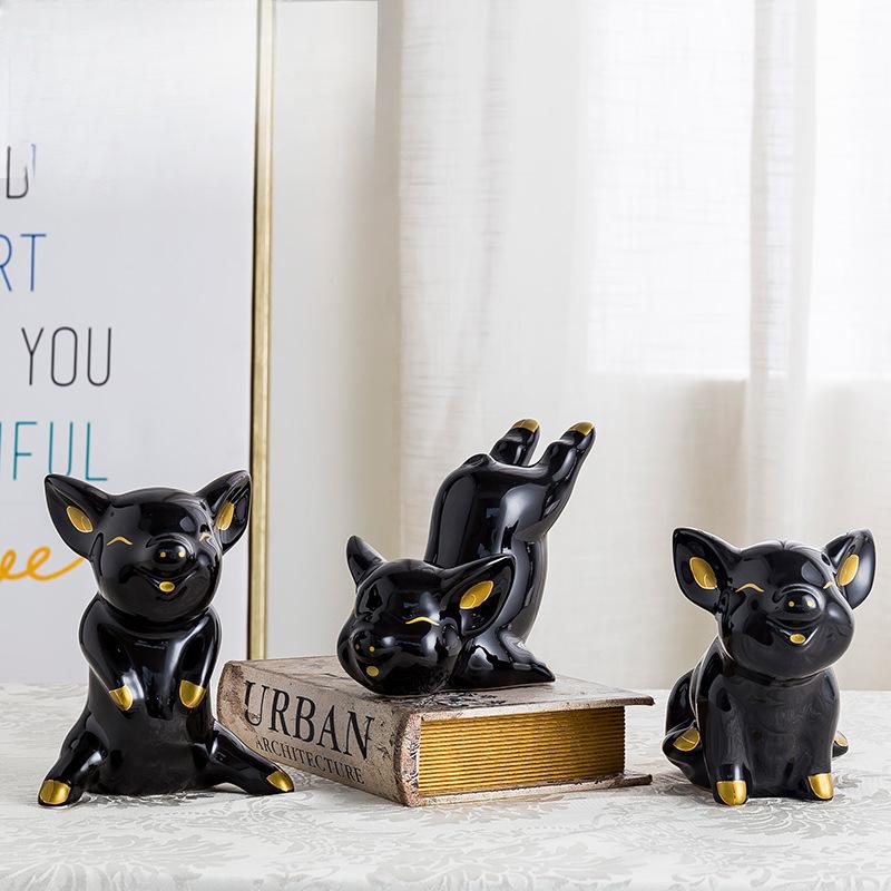 Family of 3 Ceramic Pig Creative Design Ornaments Adorable Living Room Decorations TV Cabinet Wine Cabinet Crafts Opening Gift