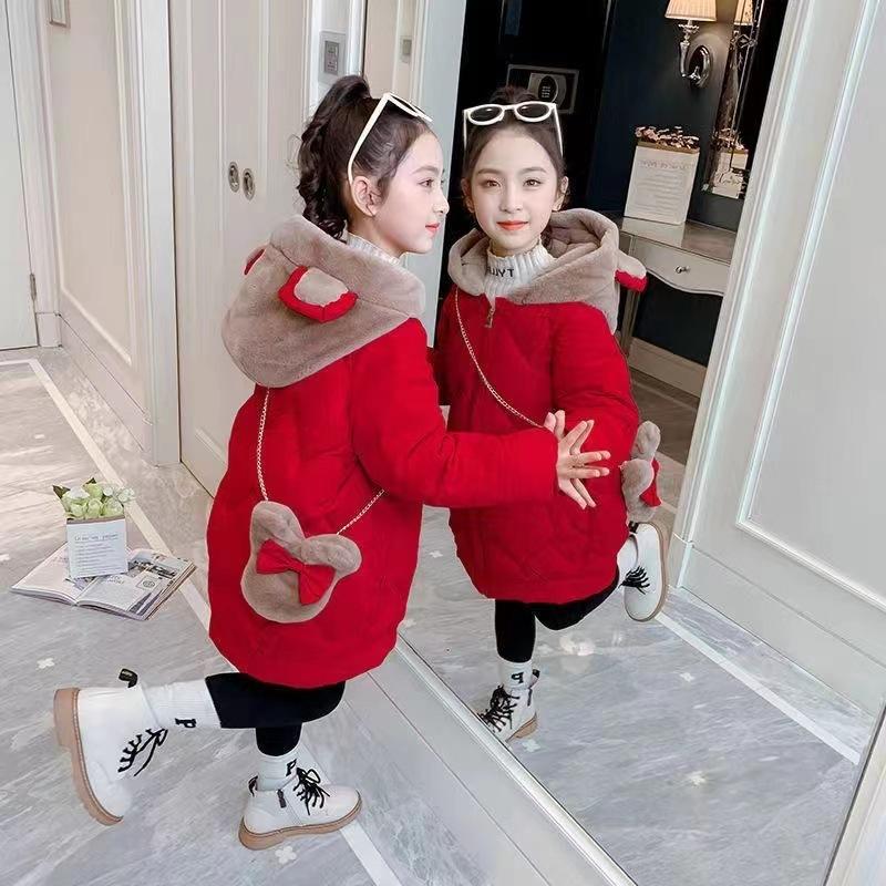 Девочки Зимняя Мода Хлопковая Куртка Для Детей Пальто Средней Длины Девочка Хлопковая Куртка с Подкладкой С Сумкой