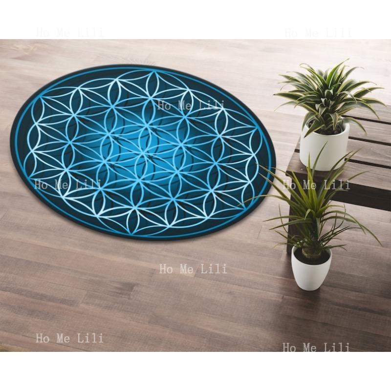 Vibrant Sacred Geometry Printed Round Flower Of Life Circle Carpet Machine Washable Rug