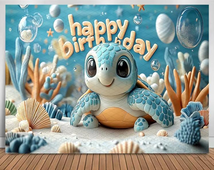 Cute Turtle Theme Birthday Banner Photography Background Blue Decorative Baby Shower Photo Studio Portrait Shooting Background