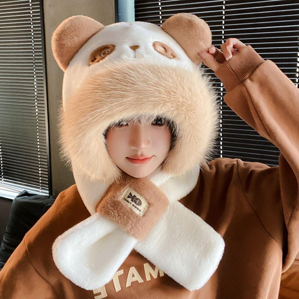 Panda Capybara Hat Scarf Set 3 In 1 Cartoon Plush Hat Earmuff Scarf Hat Glove for Women Lady