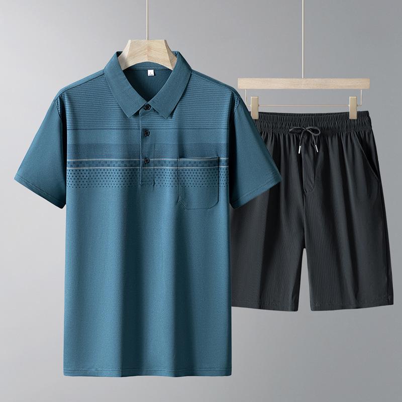 Men's Ice Silk Sports Suit: Short Sleeve Polo & Shorts Set for Middle-aged and Elderly
