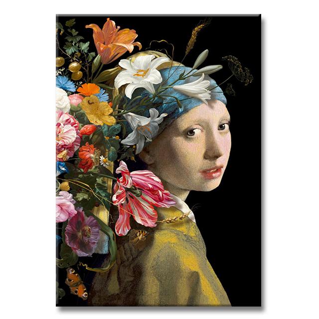 Винтажная Знаменитая Картина Девушка с Жемчугом Цветы Холст Постер Мона Лиза с Цветами Картина Куадрос Настенное Искусство Домашний Декор
