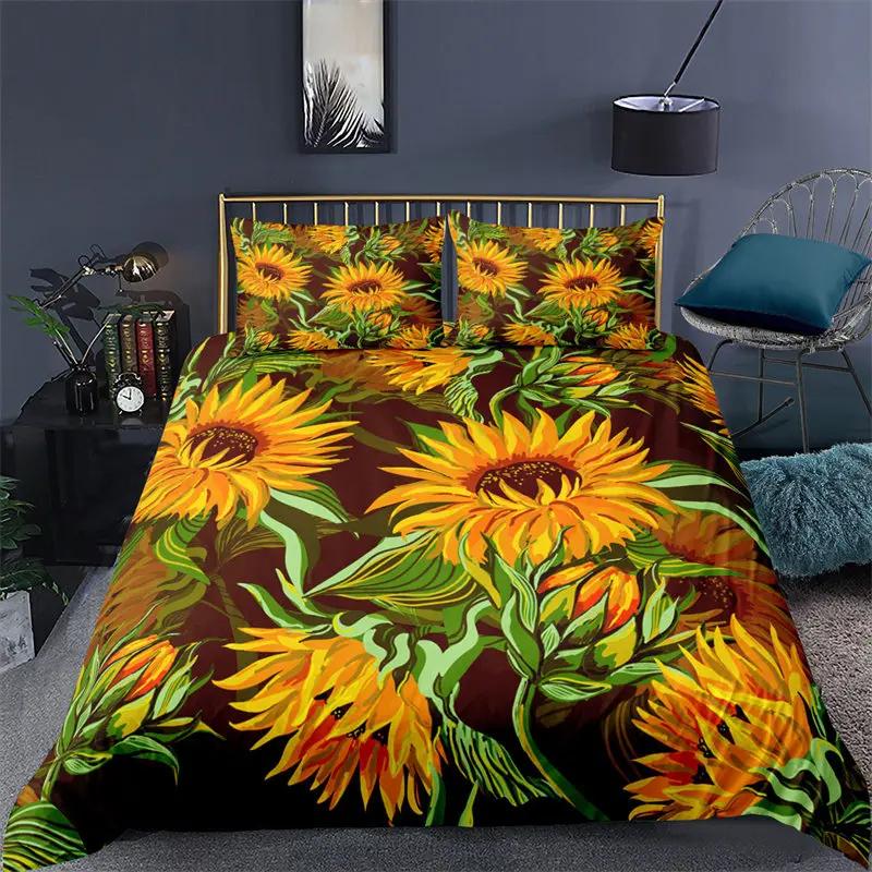 Sunflower Bedding Set Modern Microfiber Yellow Flowers Print Duvet Cover Alluring Sunflowers Summer Inspired Design Quilt Cover