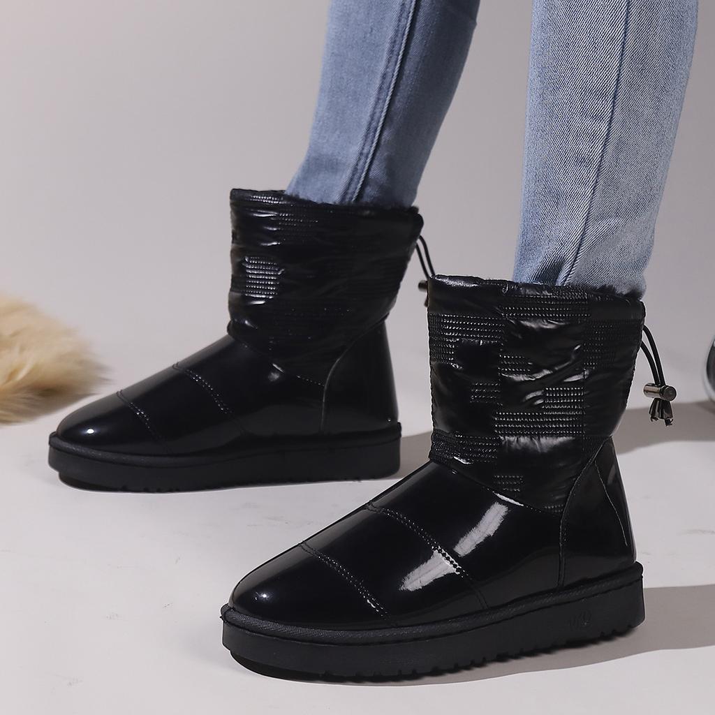 Зимние туфли с круглым носком, черные, на плоской подошве, средней высоты, водонепроницаемые, литье под давлением, с низким голенищем, из искусственной шерсти, повседневные хлопковые туфли