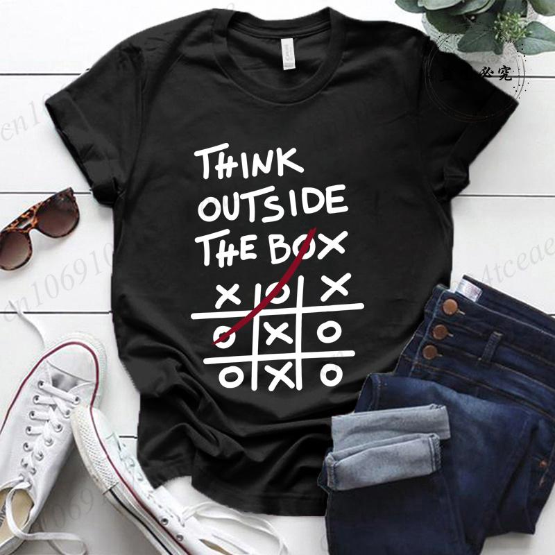Think Outside The Box Printed Women T-Shirts, Women's Casual Tee Shirts Clothing Short Sleeve Crew Neck Top for Summer & Spring