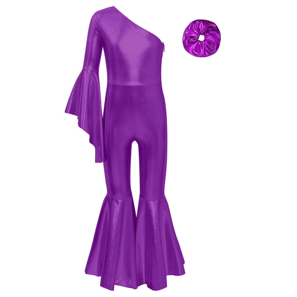 Девочки Блестящий Расклешенный Танцевальный Костюм Модный Комбинезон на Одно Плечо с Расклешенным Рукавом Повязка для Волос Головной Убор для Выступлений