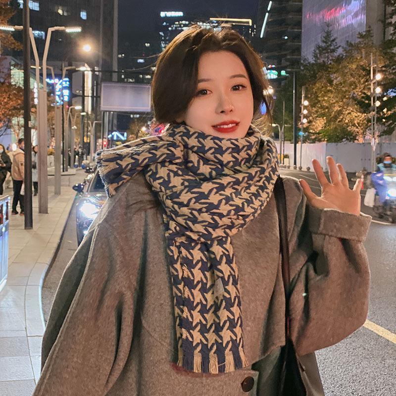 Scarf Korean Style Atmosphere Houndstooth Scarf for Women Winter Korean Style Versatile Warm Student High Looking Hong Kong Style Scarf