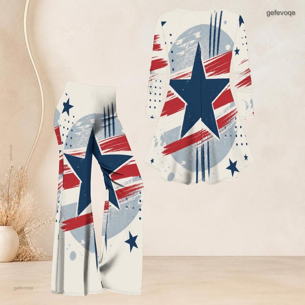 Women Plus Size Round Neck Three Quarter Sleeve Eagle Printed Flared Top Flared Pants Two Piece Set