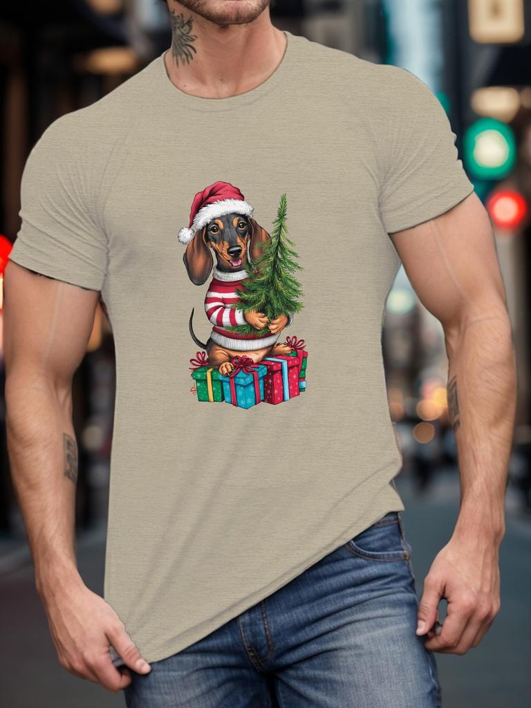 Christmas Dachshund Dog Graphic Tee Men Casual Cotton Round Neck Short Sleeve TShirt Gift