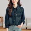 Женская джинсовая рубашка темно-синего цвета, весенне-осенняя, в стиле ретро, с открытыми плечами