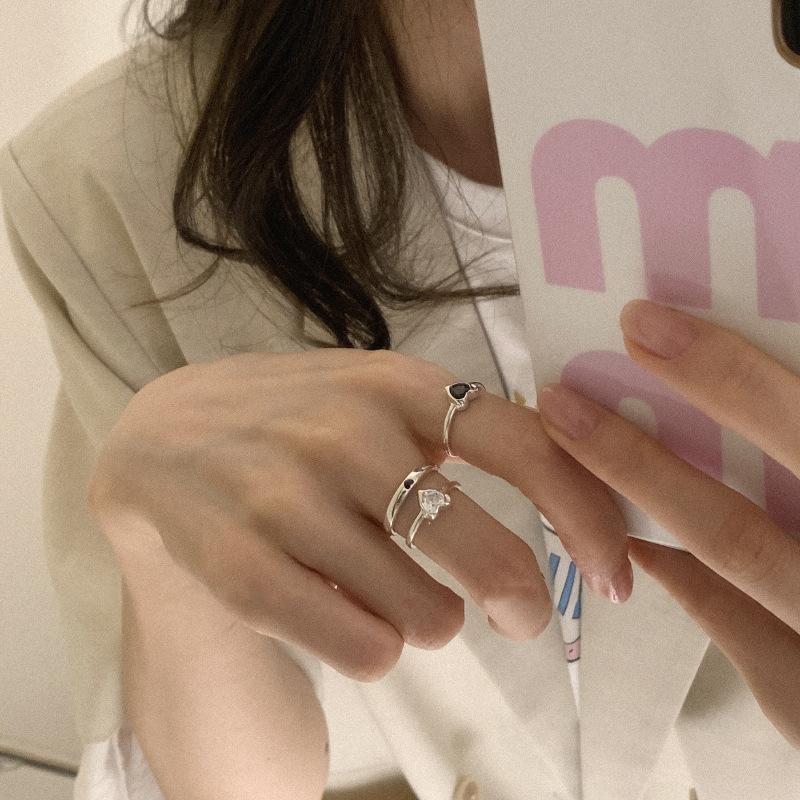 BFCLUB Silver Color Black Heart Ring For Women Fine Jewelry Finger Adjustable Open Vintage Ring For Party Birthday Gift