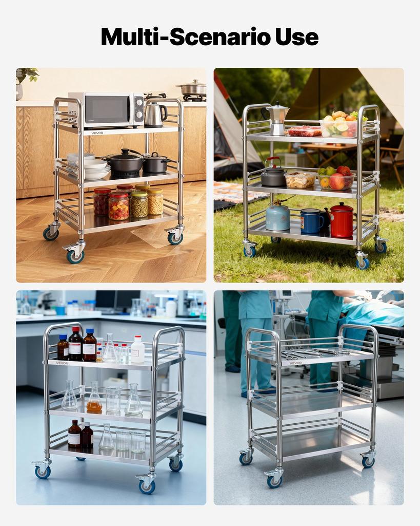 VEVOR Stainless Steel Cart, 3-Tier Rolling Lab Utility Cart with Lockable Wheels, Medical Serving Trolley Clinic Tray