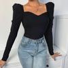 Elegant Square Collar Women Autumn Shirts Solid Color Puff Sleeve Slim Blouses Tops Sexy V-neck Long Sleeve T-Shirt