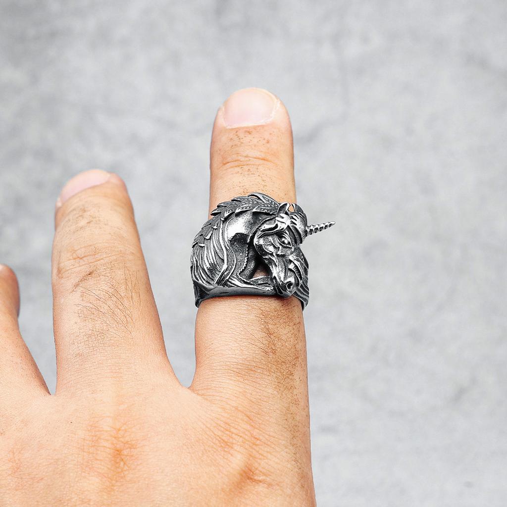 Ретро единорог мужские кольца из нержавеющей стали 316L счастливый амулет кольцо рок рэп вечеринка для байкера мужского пола ювелирные изделия креативный лучший подарок