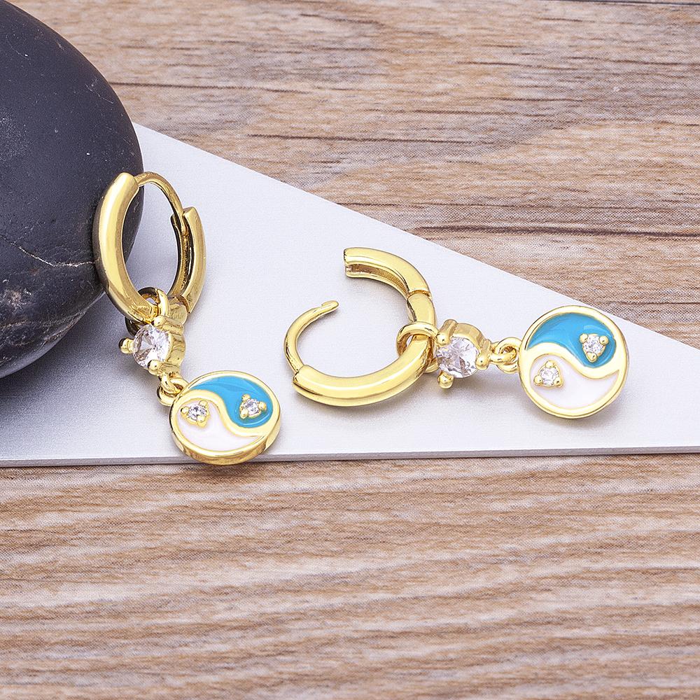New Arrival Dripping Oil Enamel Tai Chi Yin Yang Bagua Pendant Charm Drop Earrings Never Fade Zircon Accessories Jewelry Gifts