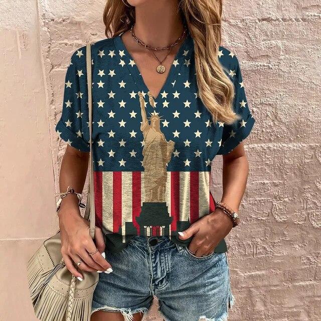 Женская футболка с v-образным вырезом, новая американская одежда ко Дню независимости, топы с 3d принтом национальных флагов, повседневный женский пуловер большого размера, 2023