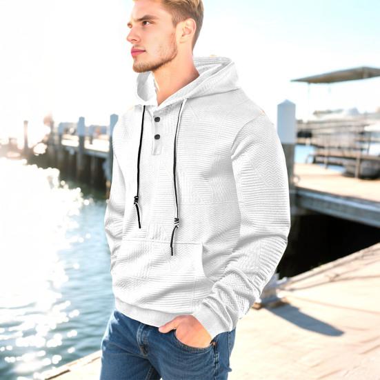 Men Hoodie Jacquard Texture Hooded Drawstring Long Sleeve Pullover Tops with Front Pocket Solid Color Spring Autumn Tops