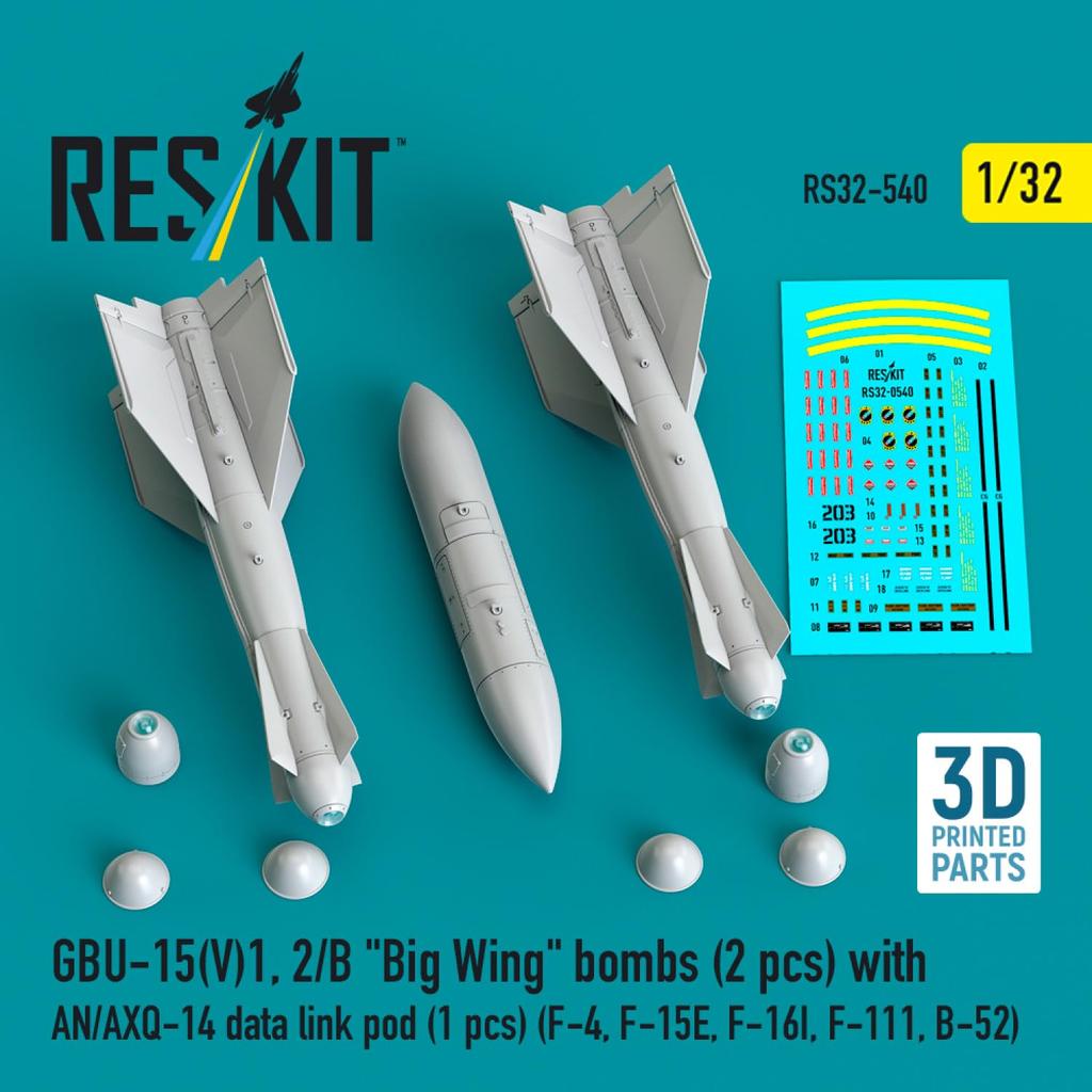 Reskit Guided Bomb Big Wing with Data Link Pod Plastic Model Kit Parts 1/32 GBU-15(V)1, 2/B (2 pieces) AN-AXQ-14 (1 piece) RSK32-0540 (Airplane)