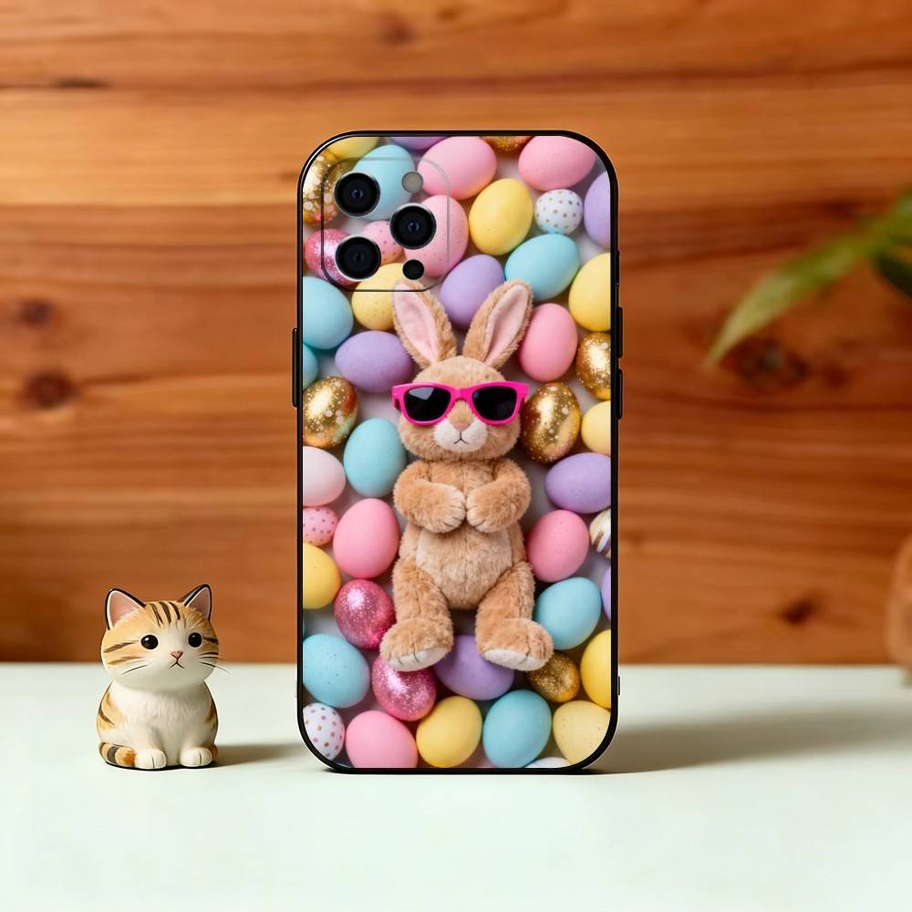 Easter pattern Phone Case For iPhone 17,16,15,14,13,12,11 Plus,Pro Max,XS,Soft Silicone Black Cover
