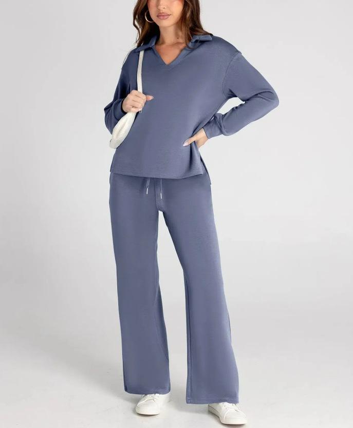 Women's Olive Green V-Neck Lounge Set with Drawstring Waist Pants