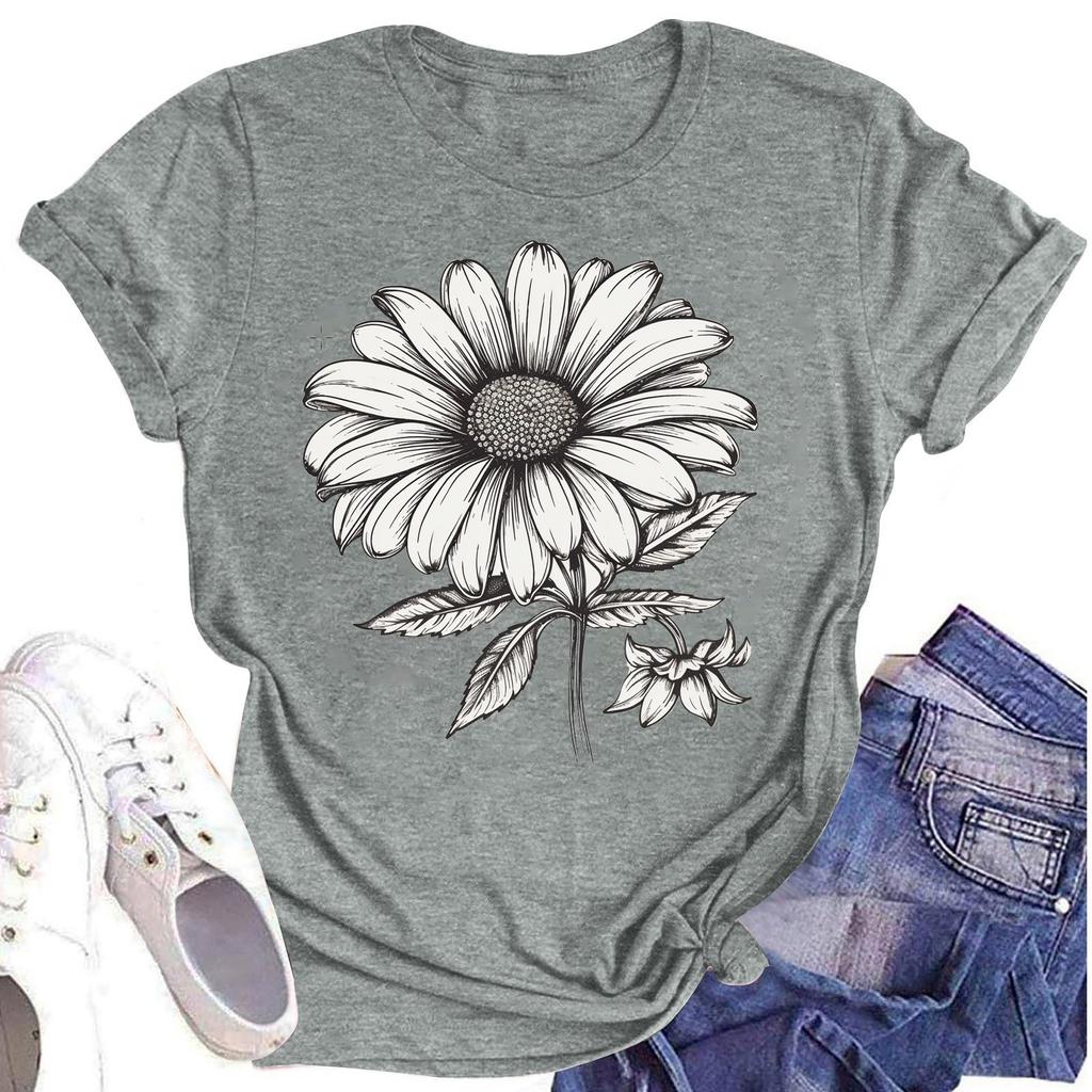 Женская повседневная футболка с круглым вырезом и цветочным принтом, короткий рукав
