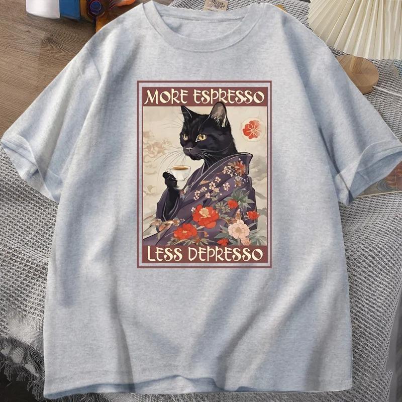 More Espresso Less Depresso Humorous T-Shirt Women Black Cat Coffee T Shirt Y2k Summer Women Short Sleeve Tee