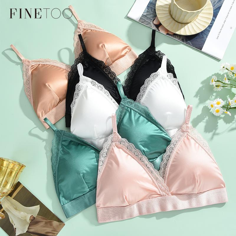 FINETOO Lace Seamless Bra Ice Silk Women's Underwear Sexy Deep V-neck Padded Top Beautiful Back Bralette Female Comfort Lingerie