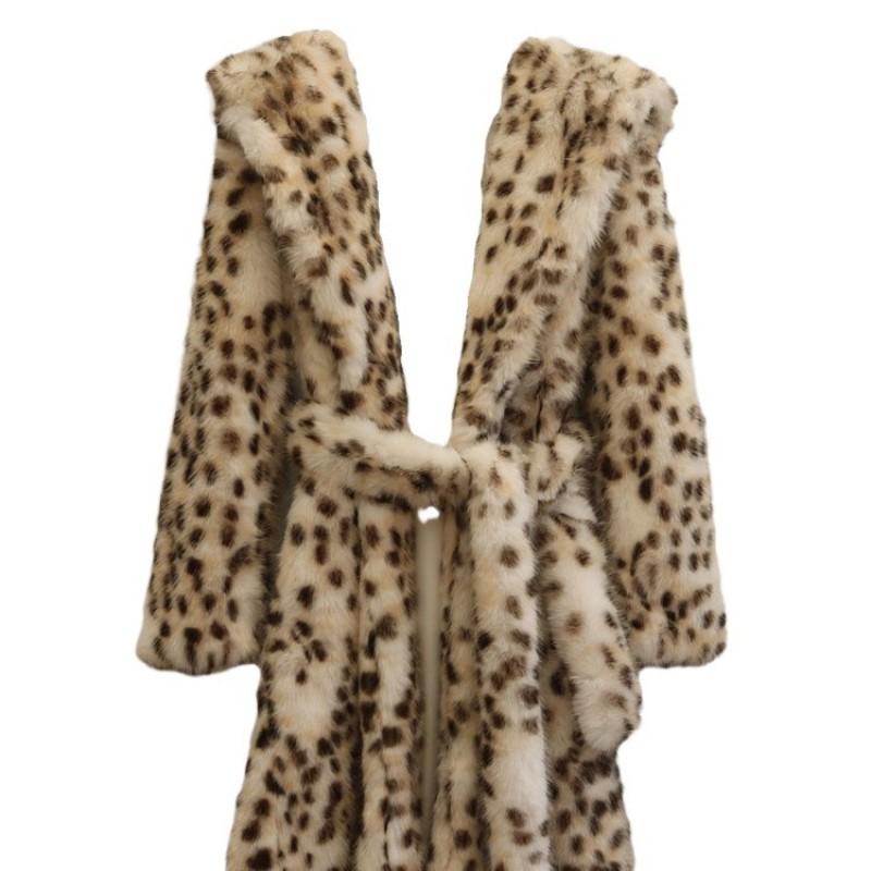 Womens Long Faux Fur Hooded Coat Leopard Print Loose Fit 2026