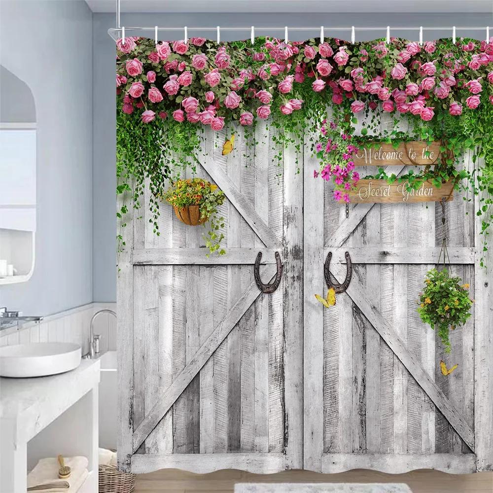 Занавески для душа в деревенском стиле с изображением деревянной двери, амбарное колесо, зеленое растение, серая доска, занавеска для ванной, полиэстеровая ткань, декор для ванной комнаты с крючками