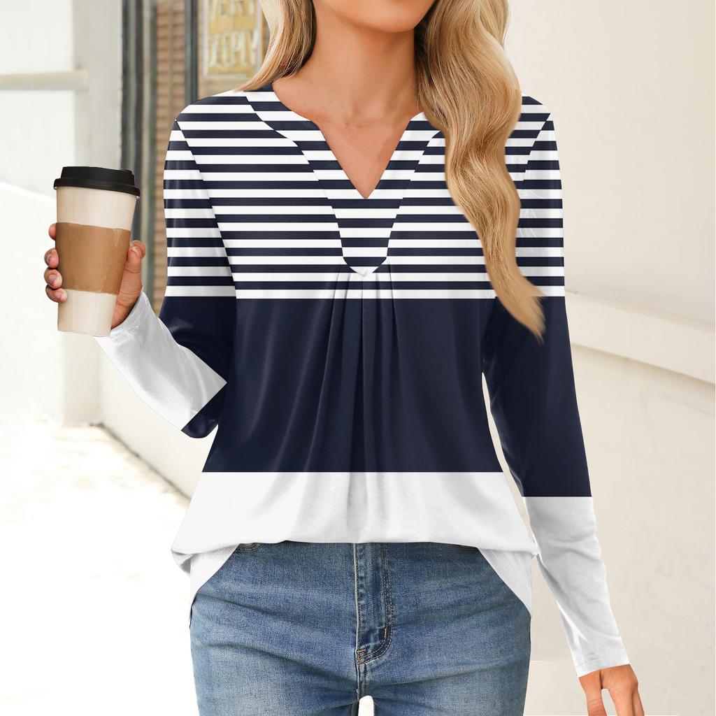 Women's Fashion Casual Long Sleeve Shirt Color Stripes Printed V Neck Up Tops