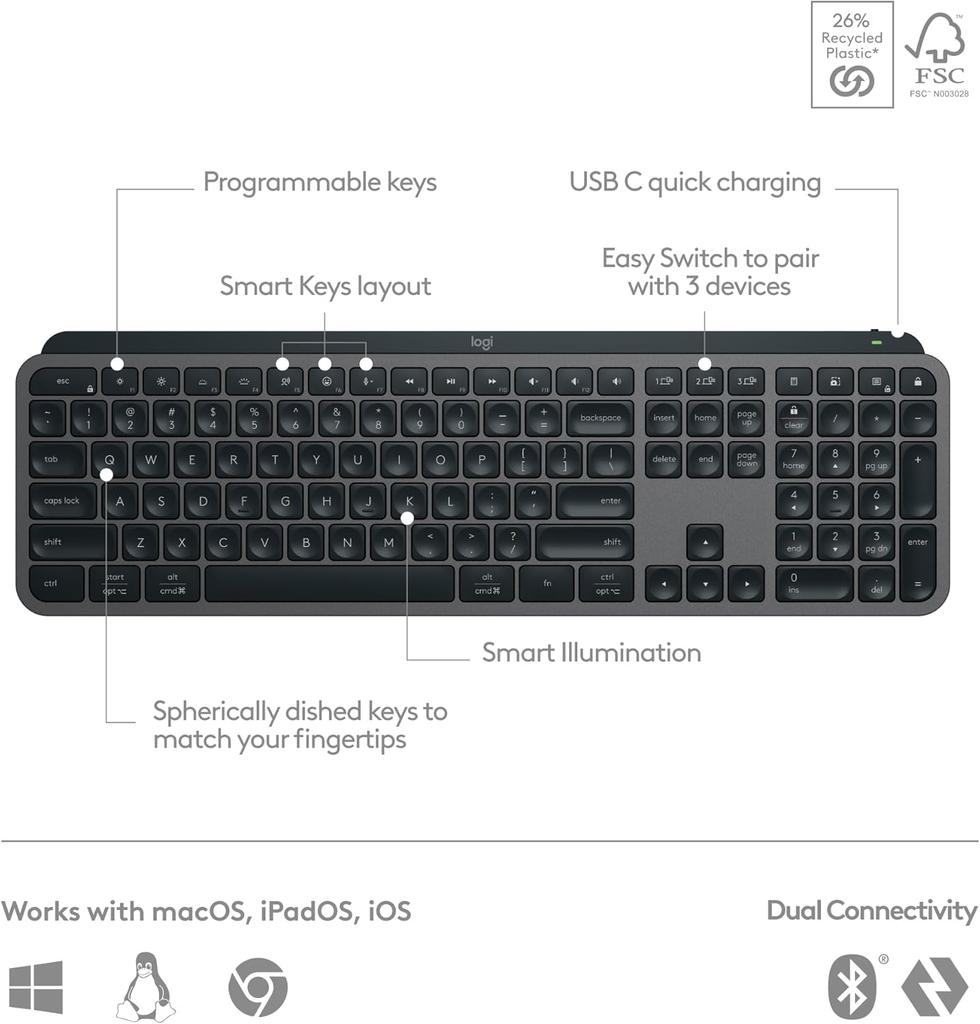 Logitech MX Keys S Wireless Bluetooth Keyboard Ultra-thin Full-size Ergonomic Intelligent Backlight with Wireless Receiver
