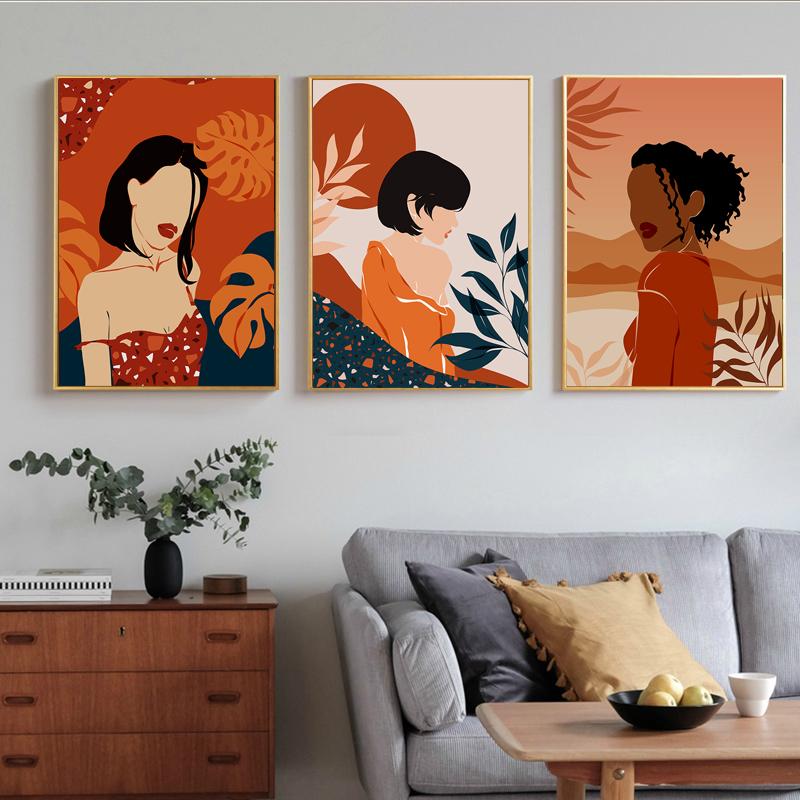 Настенная картина на холсте, абстрактная девушка, иллюстрация растений, плакаты на скандинавскую тему и принты, настенные панно для гостиной, домашний декор