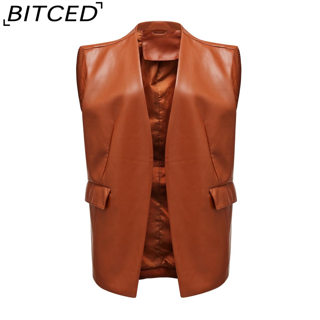 BITCED Sleeveless PU Leather Waistcoat Loose Fit Plus Size Women's Vest Cardigan Short Jacket