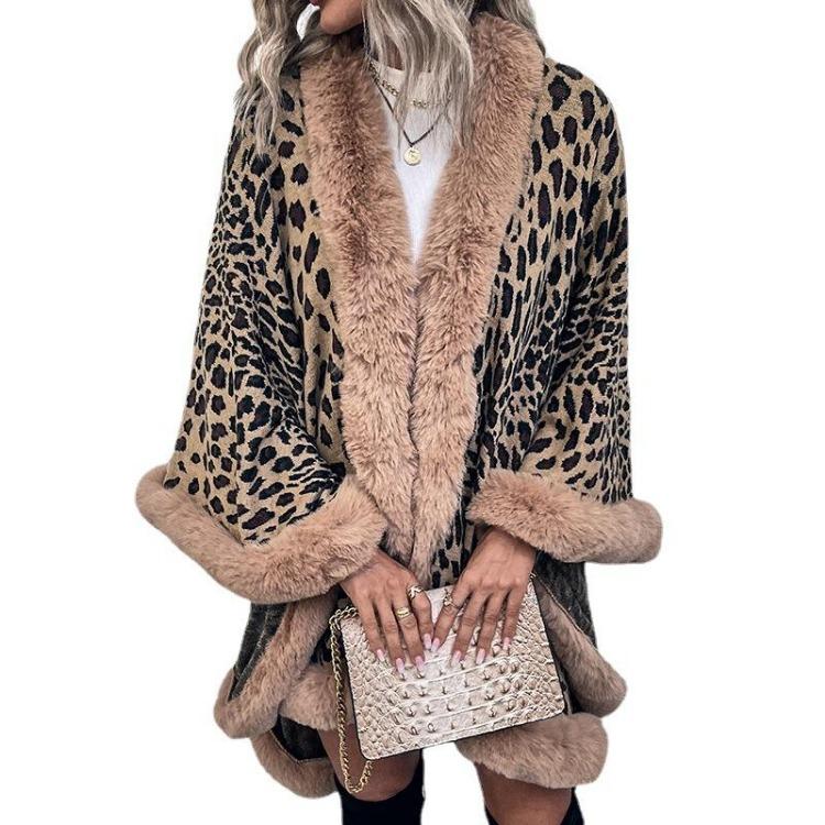 Women Autumn Winter Loose V-Neck Bat Sleeve Cardigan Leopard Knitwear Sweater Cross Border Cloak