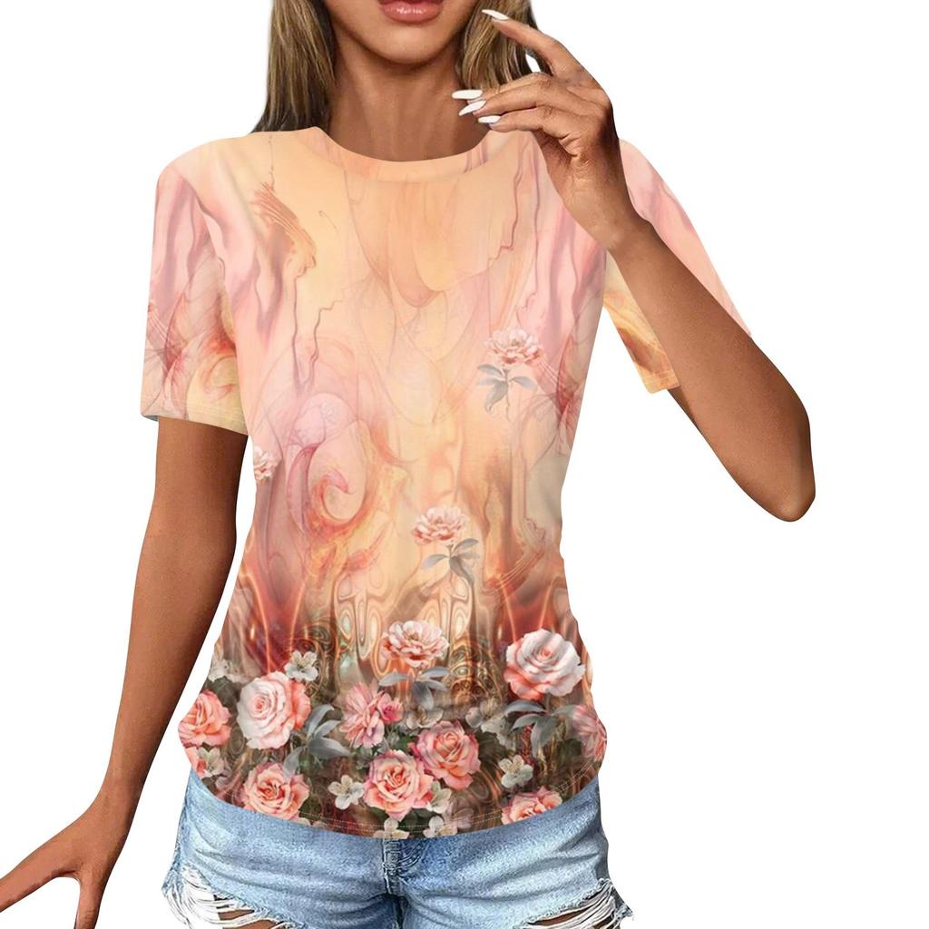 Women's T Shirts Fashion Casual Tops Round Neck Short Sleeve Printed Tunic