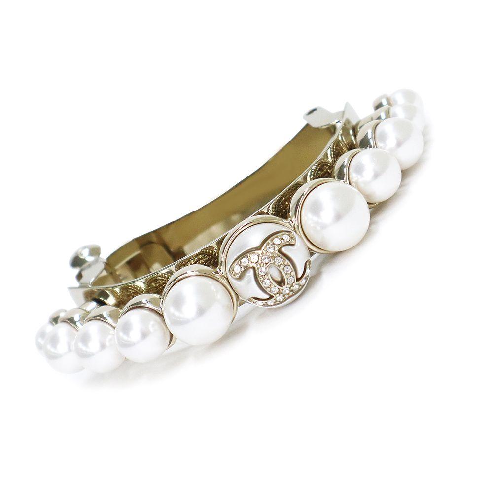 Used Chanel Coco Mark Pearl Rhinestone Barrette Hair Accessory, Hair Clip, Gold AB8465 with Box (New Unused)