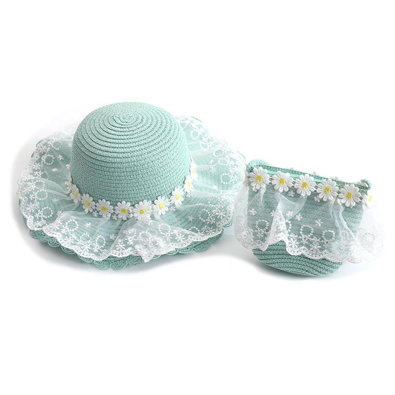 Children's lace straw hat women's outdoor leisure beach hat sun hat parent-child model versatile hat bag set