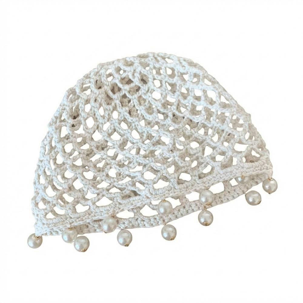 Breathable Hollowed Out Knitted Hat Round Beads Pearl Fringed Crochet Hat Handmade Beret Cap Fashion Headwear