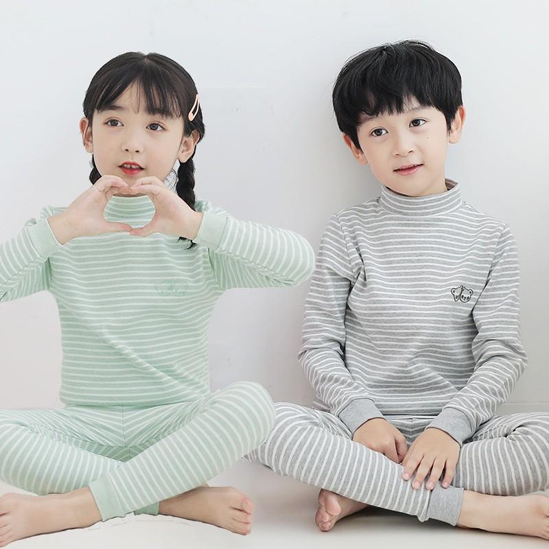 Kids Thermal Underwear Set Fleece Lined Mid-Collar Cotton Sleepwear Boys Girls Winter