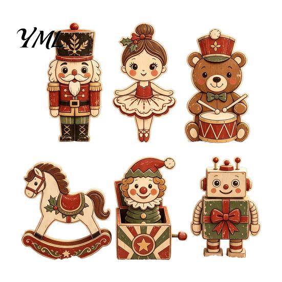 Retro Christmas Table Decorations 6Pcs Wooden Figurines, Vintage Desktop Ornaments, Cartoon Holiday Decorative Panels Tabletop for Tiered Tray